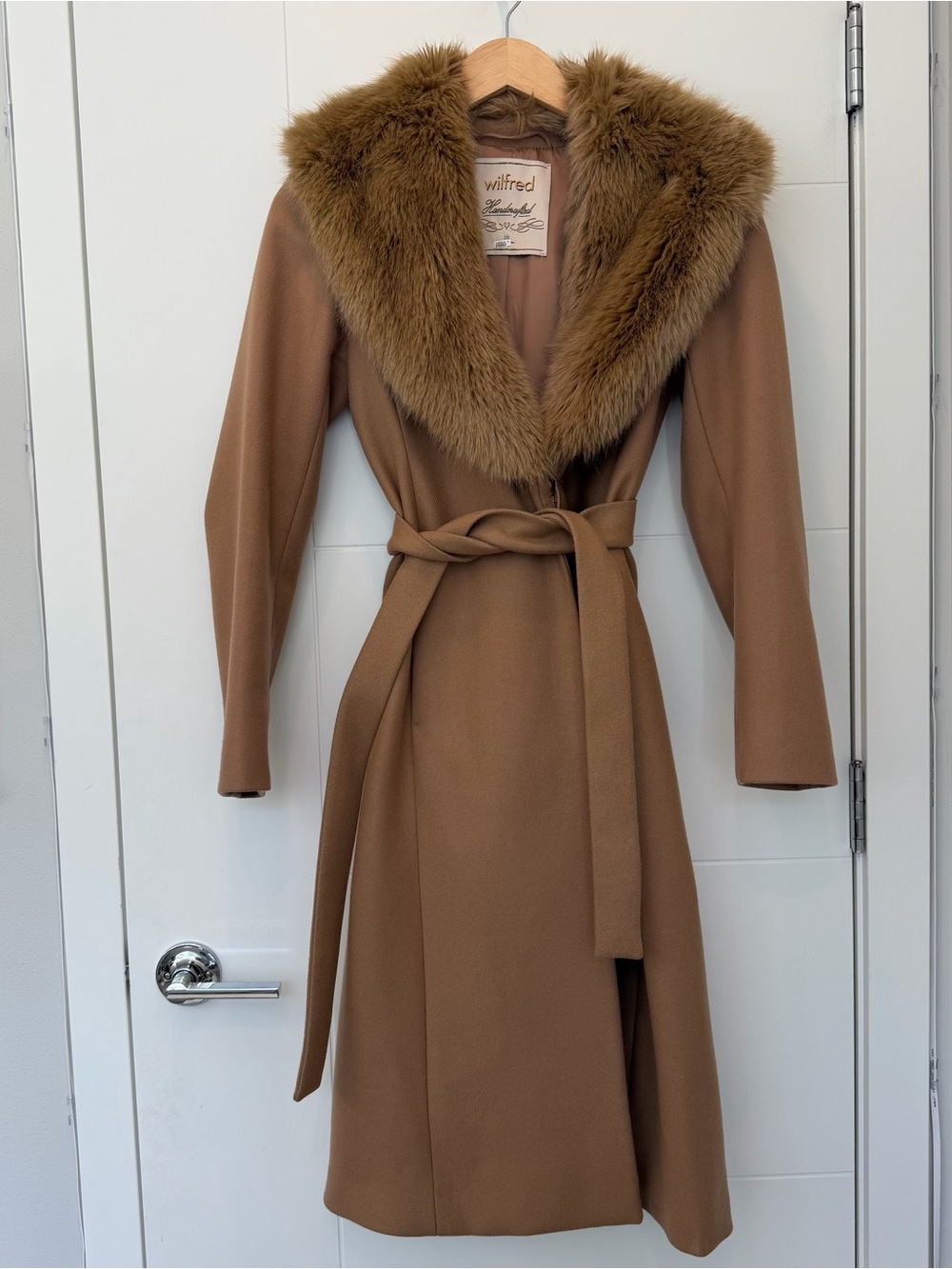 Wilfred Faux-Fur Long Wrap Coat Wool XS - Camel